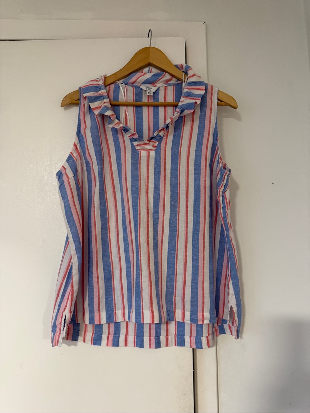 crown & ivy Blue, Pink & White Striped Ruffle V-Neck Sleeveless Top